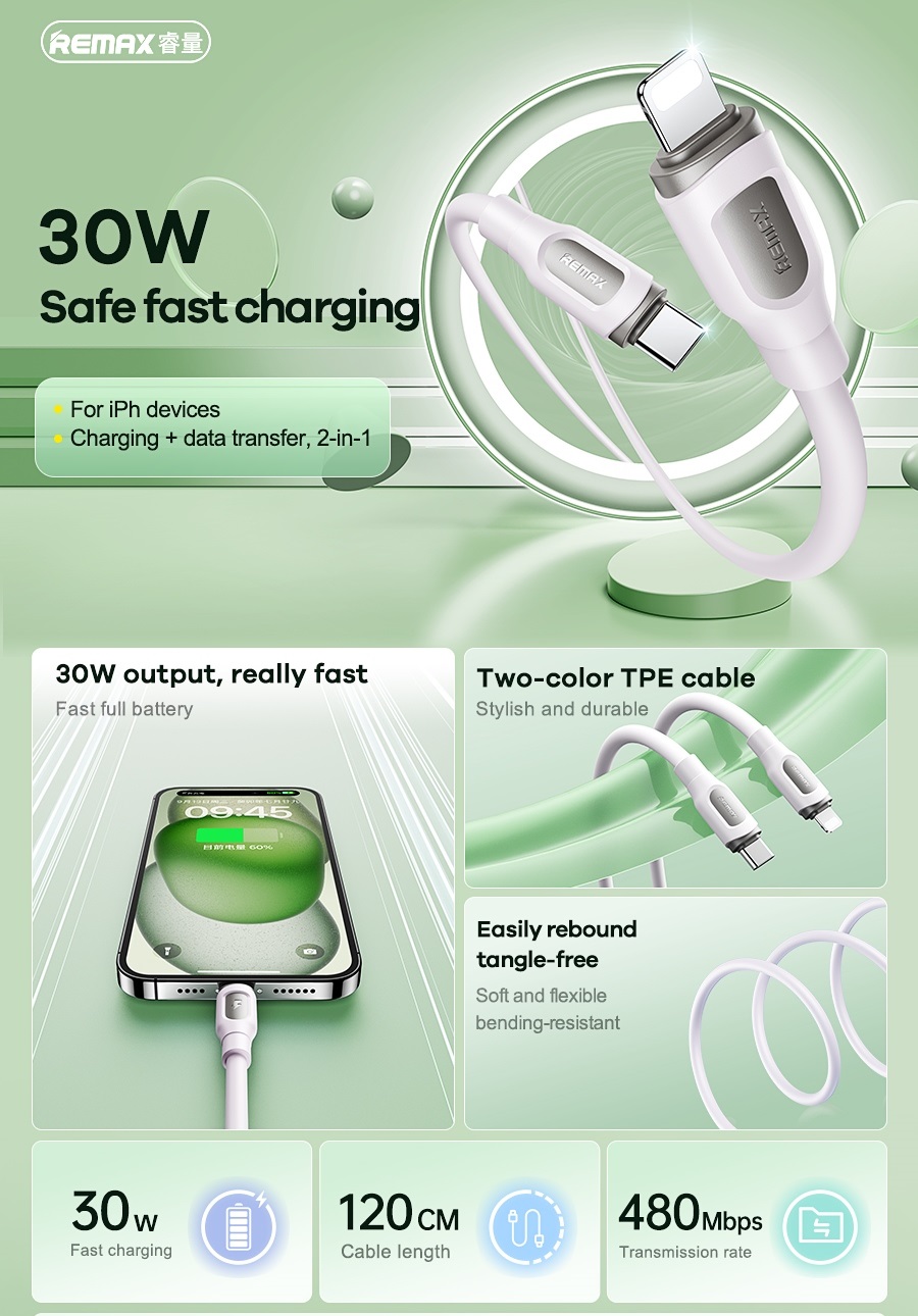 Cáp Sạc Nhanh 30W Remax RC-C112 Type C Ra Lighning dài 1.2m